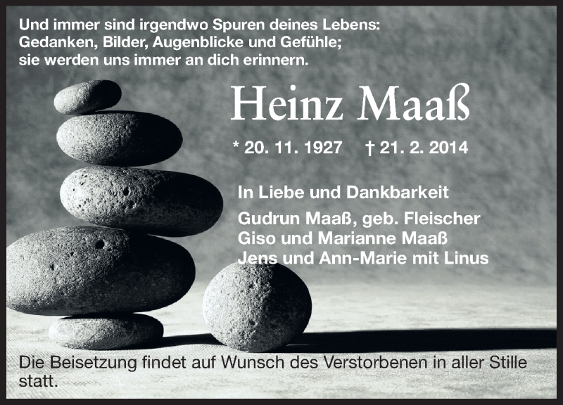  Traueranzeige für Heinz Maaß vom 01.03.2014 aus Echo-Zeitungen (Gesamtausgabe)
