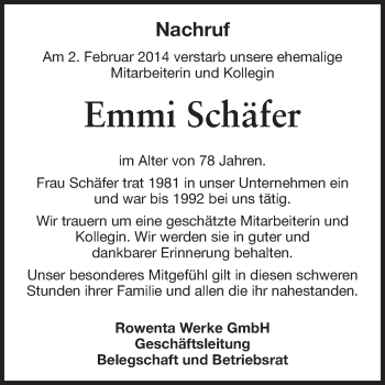 Traueranzeige von Emmi Schäfer von Odenwälder Echo