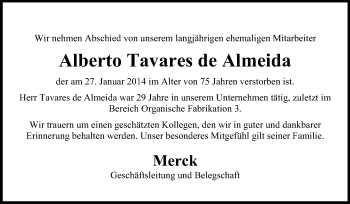 Traueranzeige von Alberto Tavares de Almeida von Echo-Zeitungen (Gesamtausgabe)