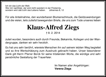 Traueranzeige von Klaus-Alfred Ziegs von Echo-Zeitungen (Gesamtausgabe)