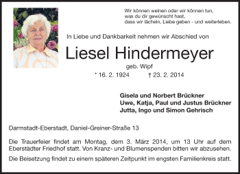 Traueranzeige von Liesel Hindermeyer von Echo-Zeitungen (Gesamtausgabe)