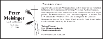 Traueranzeige von Peter Meisinger von Echo-Zeitungen (Gesamtausgabe)