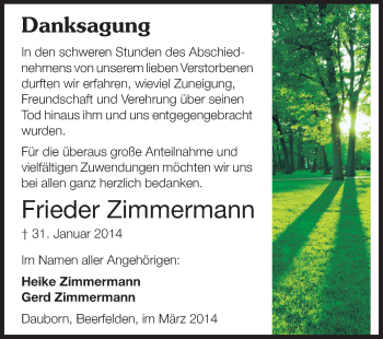 Traueranzeige von Frieder Zimmermann von Odenwälder Echo
