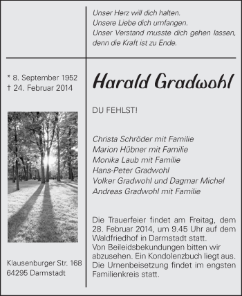 Traueranzeige von Harald Gradwohl von Echo-Zeitungen (Gesamtausgabe)