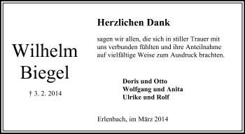 Traueranzeige von Wilhelm Biegel von Odenwälder Echo