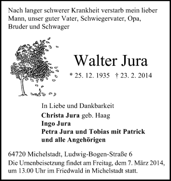 Traueranzeige von Walter Jura von Odenwälder Echo