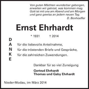 Traueranzeige von Ernst Ehrhardt von Echo-Zeitungen (Gesamtausgabe)