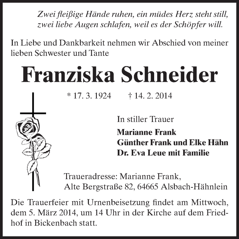  Traueranzeige für Franziska Schneider vom 01.03.2014 aus Echo-Zeitungen (Gesamtausgabe)