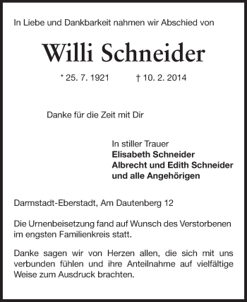 Traueranzeige von Willi Schneider von Echo-Zeitungen (Gesamtausgabe)