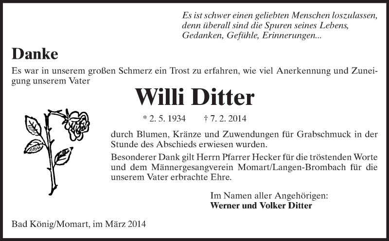  Traueranzeige für Willi Ditter vom 01.03.2014 aus Odenwälder Echo