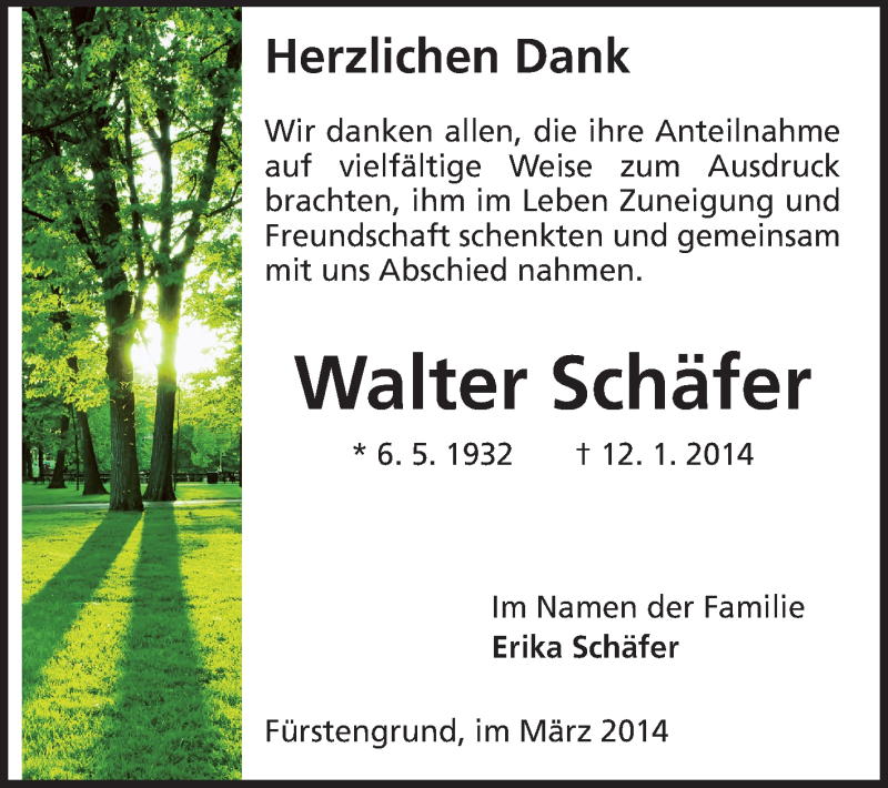  Traueranzeige für Walter Schäfer vom 01.03.2014 aus Odenwälder Echo