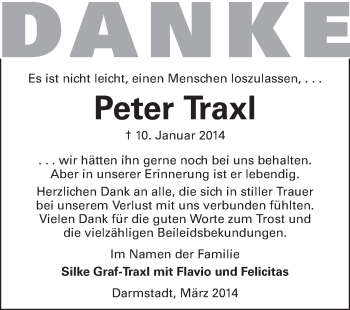 Traueranzeige von Peter Traxl von Echo-Zeitungen (Gesamtausgabe)