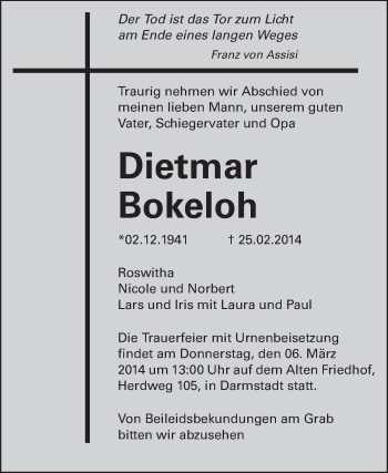 Traueranzeige von Dietmar Bokeloh von Echo-Zeitungen (Gesamtausgabe)