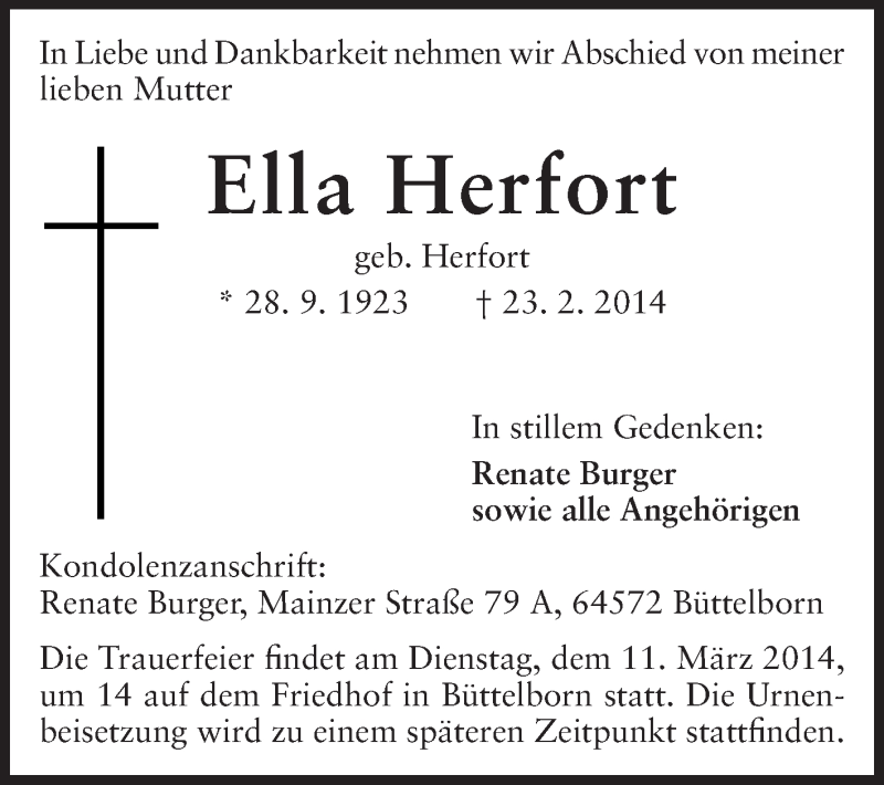 Traueranzeige für Ella Herfort vom 08.03.2014 aus Echo-Zeitungen (Gesamtausgabe)