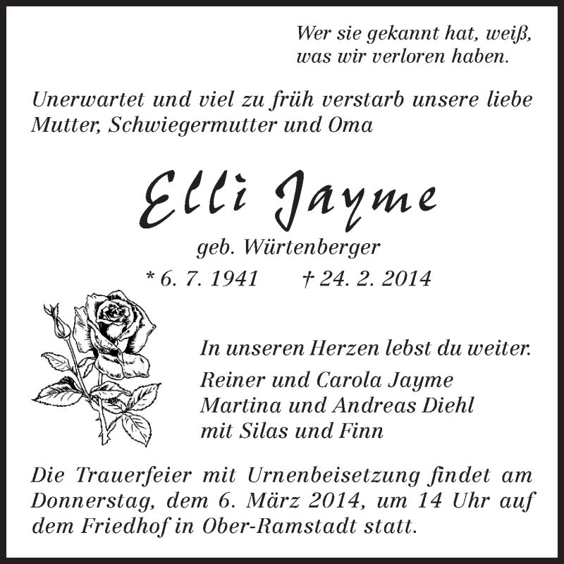  Traueranzeige für Elli Jayme vom 01.03.2014 aus Darmstädter Echo, Odenwälder Echo, Rüsselsheimer Echo, Groß-Gerauer-Echo, Ried Echo