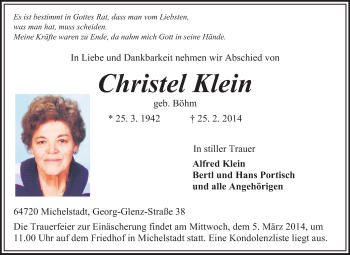 Traueranzeige von Christel Klein von Odenwälder Echo