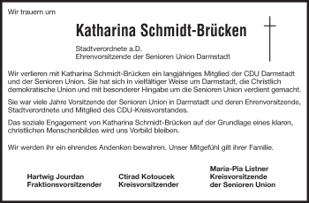 Traueranzeige von Katharina Schmidt-Brücken von Echo-Zeitungen (Gesamtausgabe)