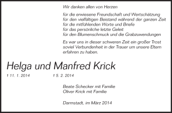 Traueranzeige von Helga Krick von Echo-Zeitungen (Gesamtausgabe)