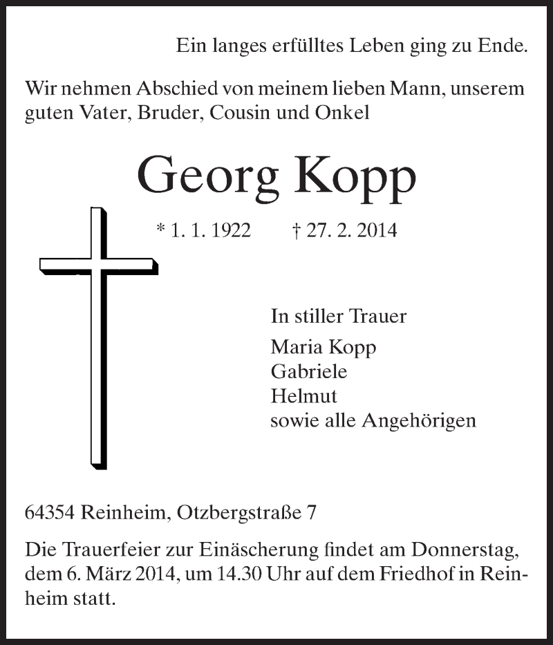  Traueranzeige für Georg Kopp vom 01.03.2014 aus Echo-Zeitungen (Gesamtausgabe)