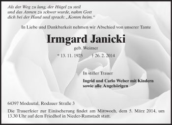 Traueranzeige von Irmgard Janicki von Echo-Zeitungen (Gesamtausgabe)