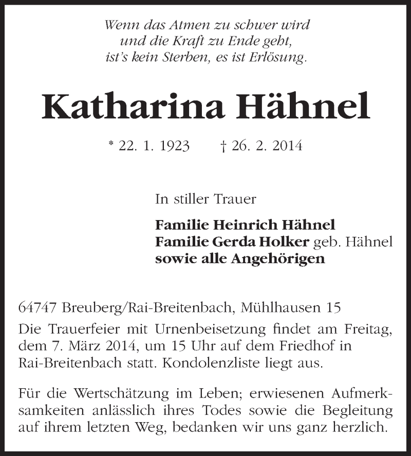  Traueranzeige für Katharina Hähnel vom 05.03.2014 aus Odenwälder Echo