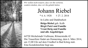 Traueranzeige von Johann Riebel von Odenwälder Echo