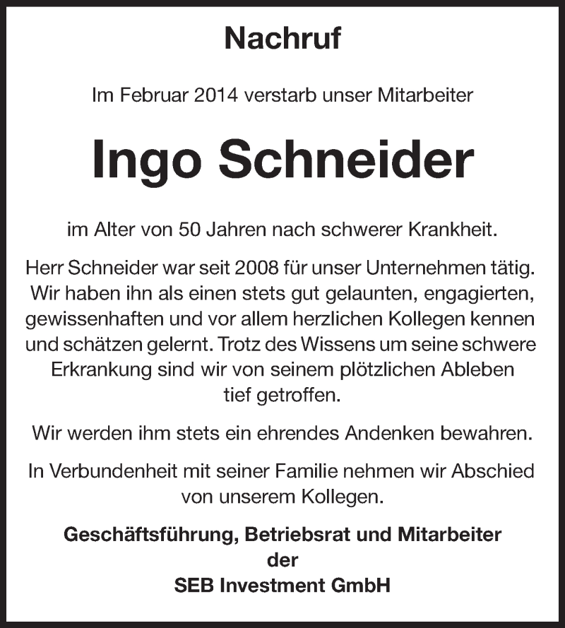 Traueranzeige für Ingo Schneider vom 05.03.2014 aus Echo-Zeitungen (Gesamtausgabe)