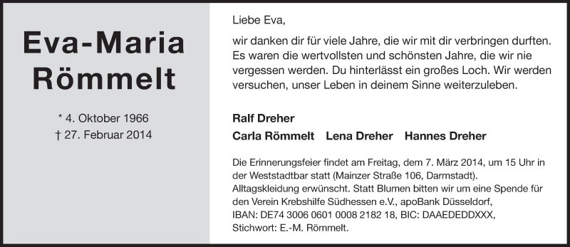  Traueranzeige für Eva-Maria Römmelt vom 05.03.2014 aus Echo-Zeitungen (Gesamtausgabe)