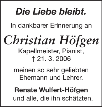 Traueranzeige von Christian Höfgen von Echo-Zeitungen (Gesamtausgabe)