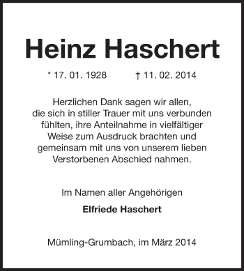 Traueranzeige von Heinz Haschert von Odenwälder Echo