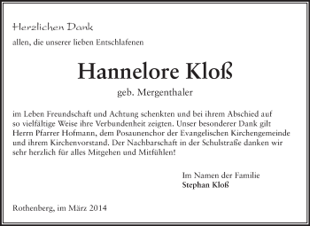 Traueranzeige von Hannelore Kloß von Odenwälder Echo