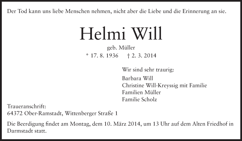  Traueranzeige für Helmi Will vom 05.03.2014 aus Echo-Zeitungen (Gesamtausgabe)