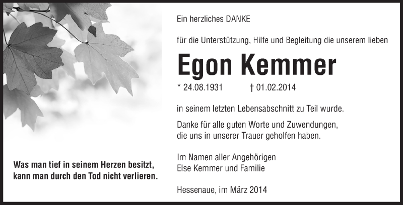  Traueranzeige für Egon Kemmer vom 05.03.2014 aus Rüsselsheimer Echo, Groß-Gerauer-Echo, Ried Echo