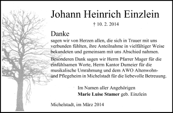 Traueranzeige von Johann Einzlein von Odenwälder Echo