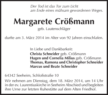 Traueranzeige von Margarete Crößmann von Echo-Zeitungen (Gesamtausgabe)