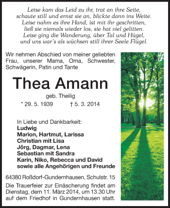 Traueranzeige von Thea Amann von Echo-Zeitungen (Gesamtausgabe)