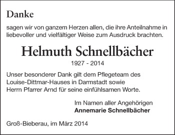 Traueranzeige von Helmuth Schnellbächer von Echo-Zeitungen (Gesamtausgabe)