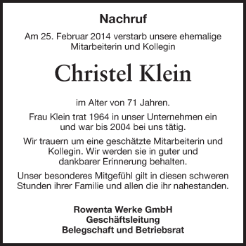 Traueranzeige von Christel Klein von Odenwälder Echo