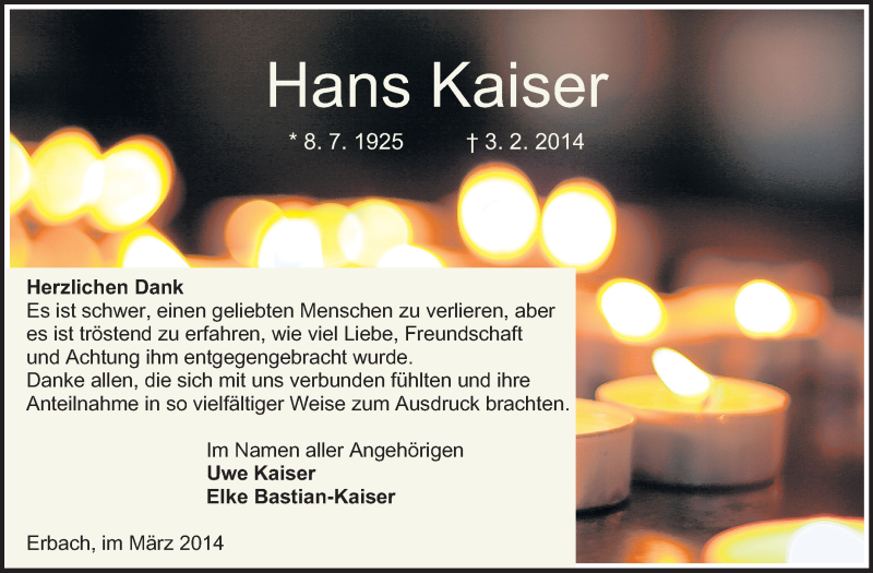  Traueranzeige für Hans Kaiser vom 07.03.2014 aus Odenwälder Echo