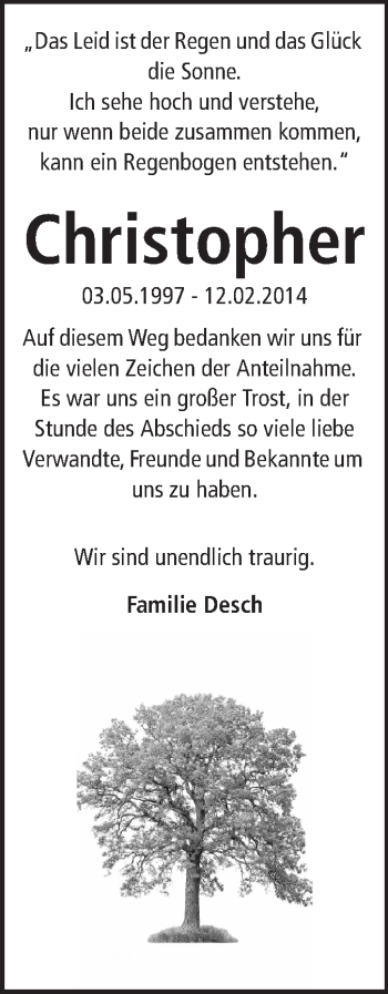 Traueranzeige von Christopher  von Echo-Zeitungen (Gesamtausgabe)