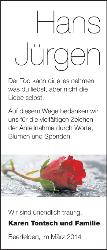 Traueranzeige von Hans Jürgen Tontsch von Odenwälder Echo