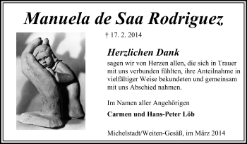 Traueranzeige von Manuela de Saa Rodriguez von Odenwälder Echo