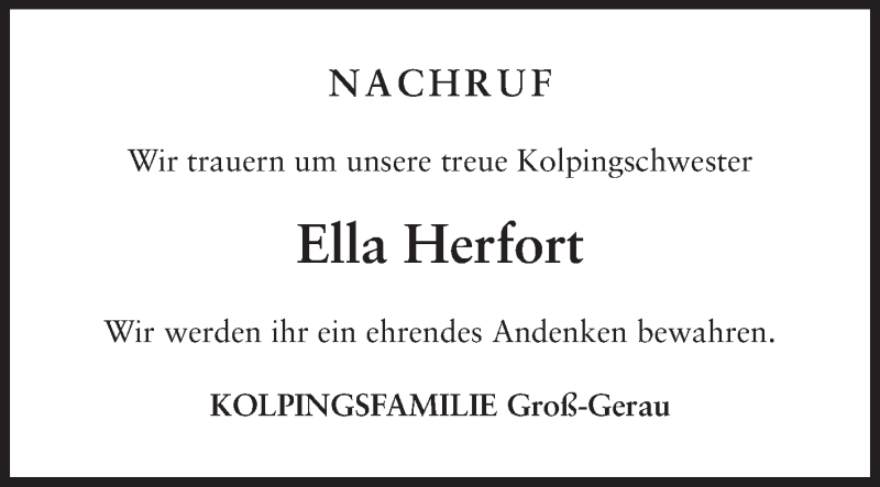  Traueranzeige für Ella Herfort vom 08.03.2014 aus Rüsselsheimer Echo, Groß-Gerauer-Echo, Ried Echo