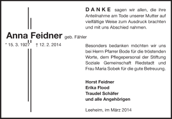 Traueranzeige von Anna Feidner von Rüsselsheimer Echo, Groß-Gerauer-Echo, Ried Echo