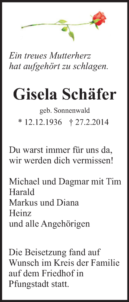  Traueranzeige für Gisela Schäfer vom 08.03.2014 aus Echo-Zeitungen (Gesamtausgabe)