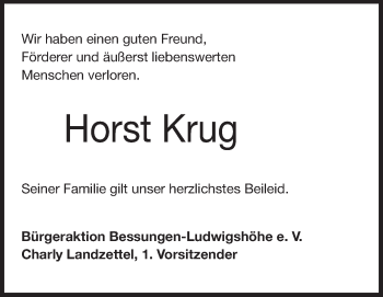 Traueranzeige von Horst Krug von Echo-Zeitungen (Gesamtausgabe)