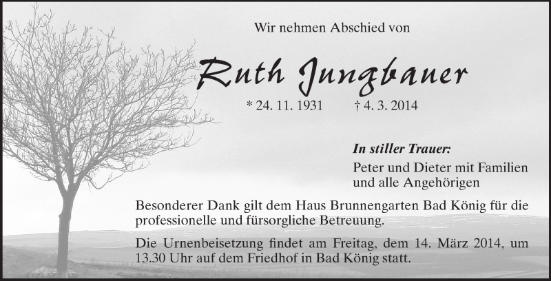  Traueranzeige für Ruth Jungbauer vom 12.03.2014 aus Odenwälder Echo