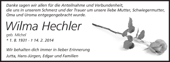 Traueranzeige von Wilma Hechler von Echo-Zeitungen (Gesamtausgabe)