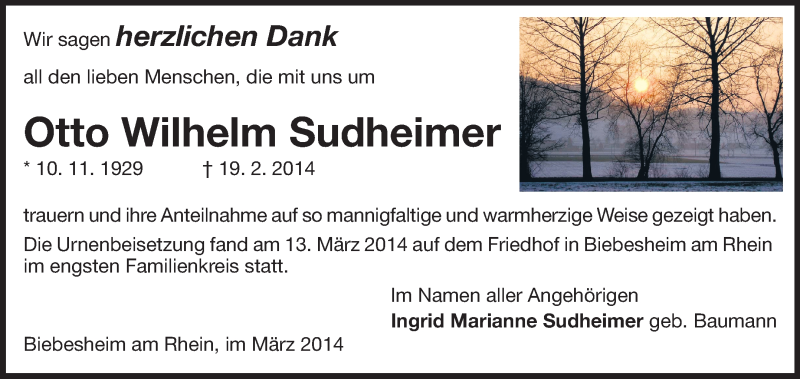  Traueranzeige für Otto Wilhelm Sudheimer vom 15.03.2014 aus Echo-Zeitungen (Gesamtausgabe)