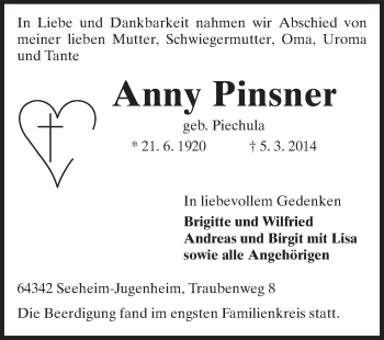 Traueranzeige von Anny Pinsner von Echo-Zeitungen (Gesamtausgabe)